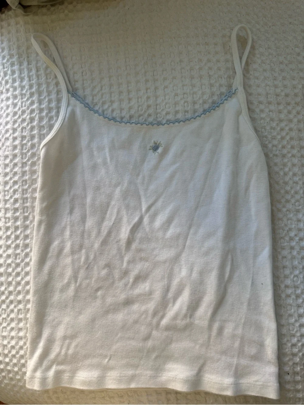 Brandy Melville White Cami with Light Blue Trim and Tiny Floral Embroidery